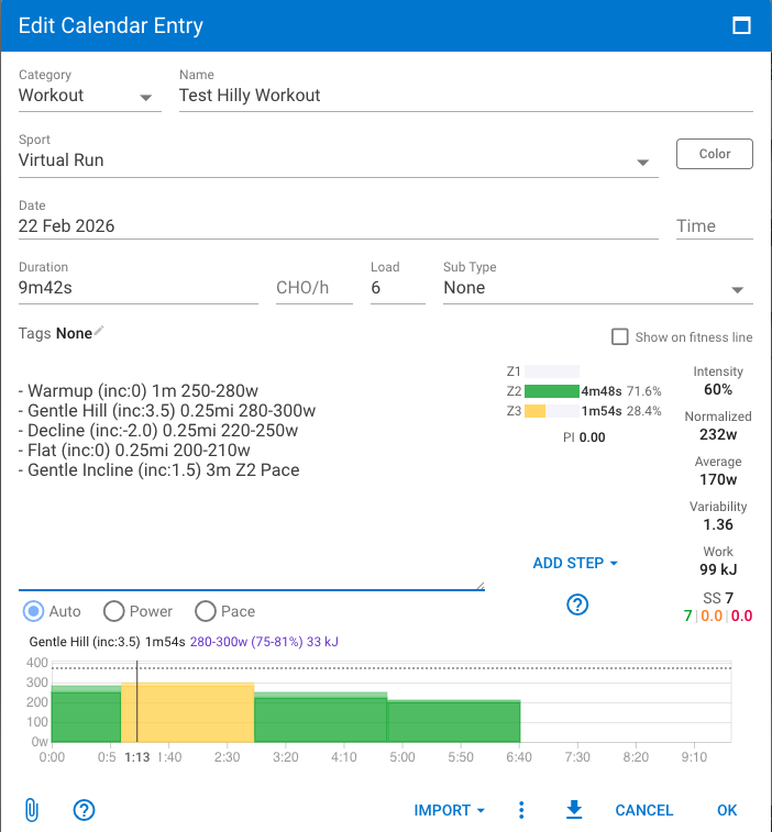 Intervals.icu workout summary showing multiple steps with incline markers in each step name