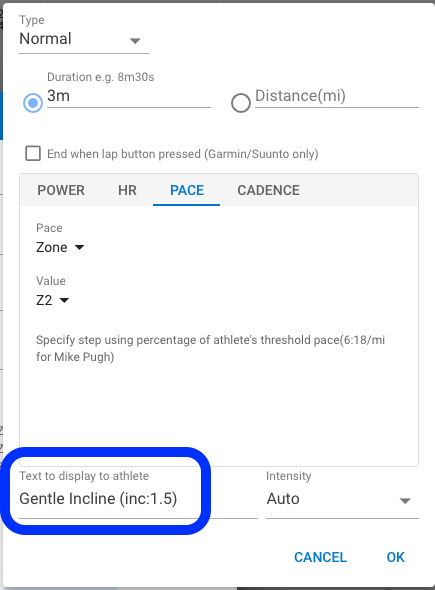 Intervals.icu step editor with a step named Gentle Incline (inc:1.5)
