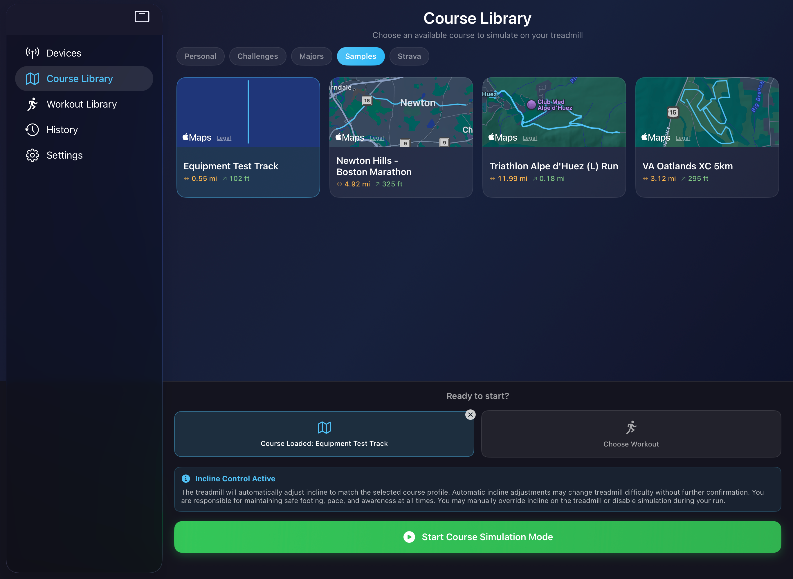 PowerTread course library showing the Equipment Test Track sample course