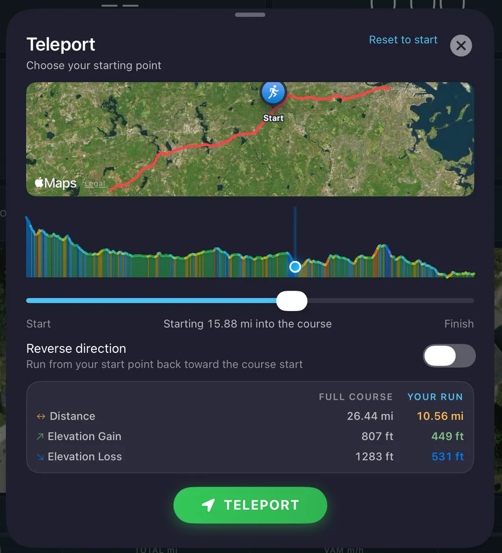 The Teleport panel: a course map, elevation profile with a draggable start marker, reverse-direction toggle, and a comparison of full-course and shortened-run distance and elevation