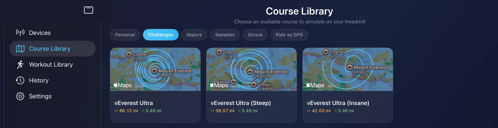 PowerTread challenge courses including Virtual Everest